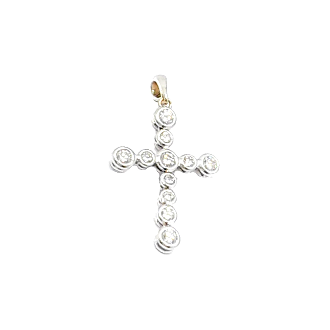 Pendentif Croce En Or Blanc 18 Carats Avec Diamants, Onyx Et Corail - Fabrication Italienne - Occasion Très Bon État