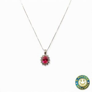 Collana Oro Bianco con Ciondolo Pietra Rossa e Bianche