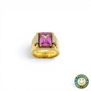Anello Oro Giallo e Bianco con Pietra Rosa