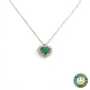 Collana  Oro Bianco con Ciondolo a Cuore con Pietra Verde  e Bianche